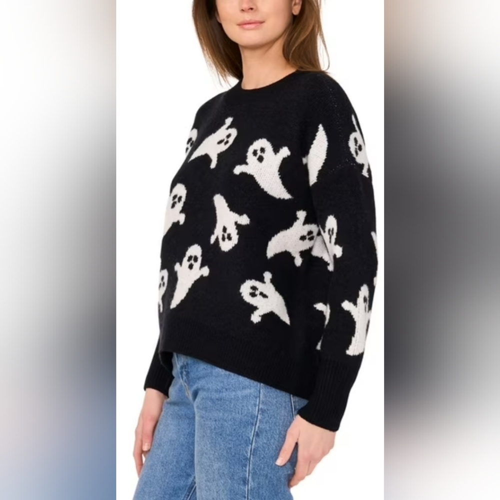 New Vince Camuto Black and White Ghost Knit Crewneck Sweater - Picture 3 of 6